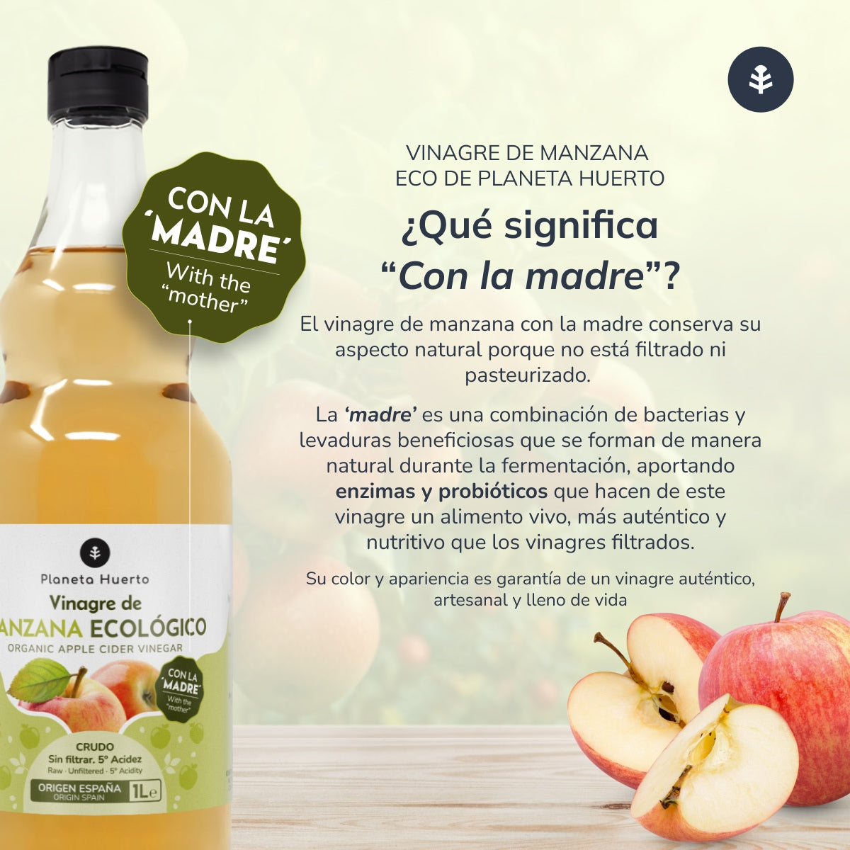 Vinagre de manzana ECO crudo sin filtrar con la madre Planeta Huerto 1L