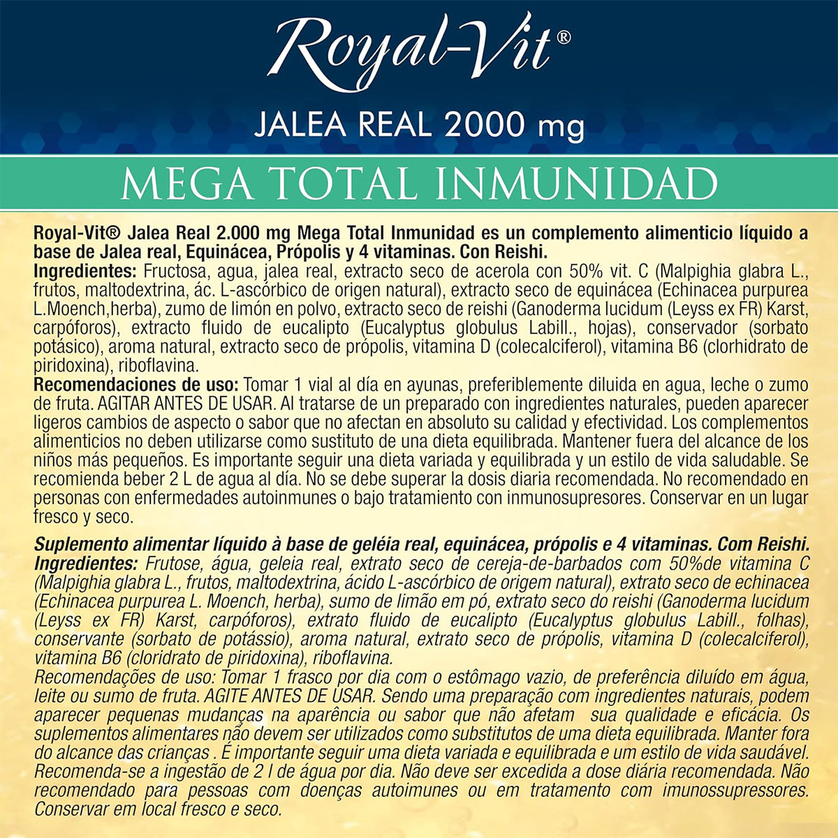 Jalea Real 2000mg Mega Total Inmunidad, con Reishi, Própolis y Equinácea Royal Vit 30 viales