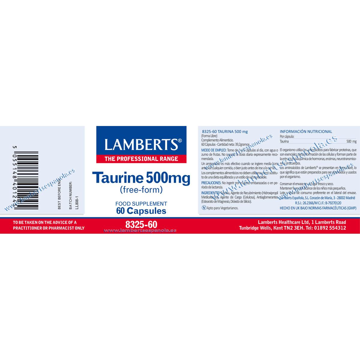 Taurina 500 mg Lamberts, 60 capsules
