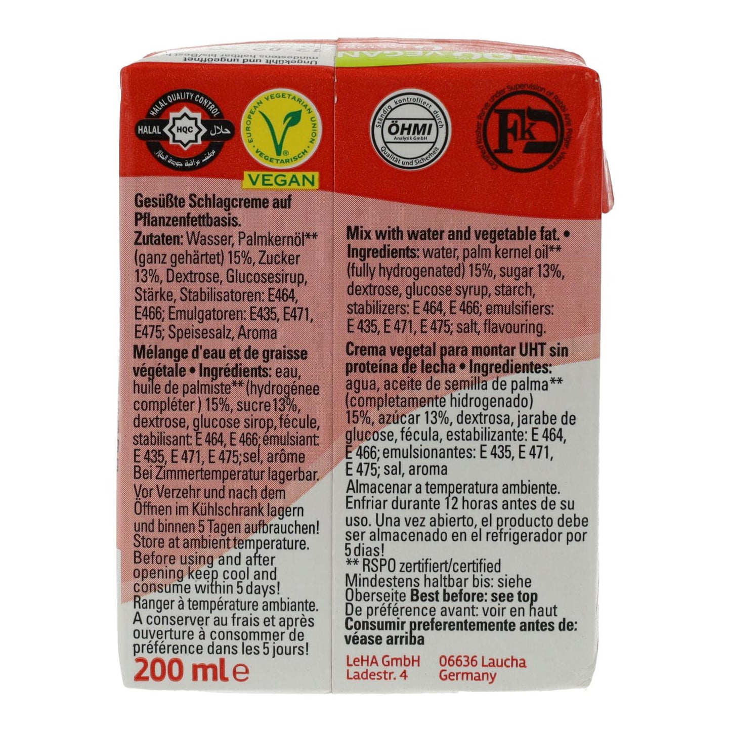 Nata Vegetal Dulce para montar y cocinar Schlagfix 200 ml