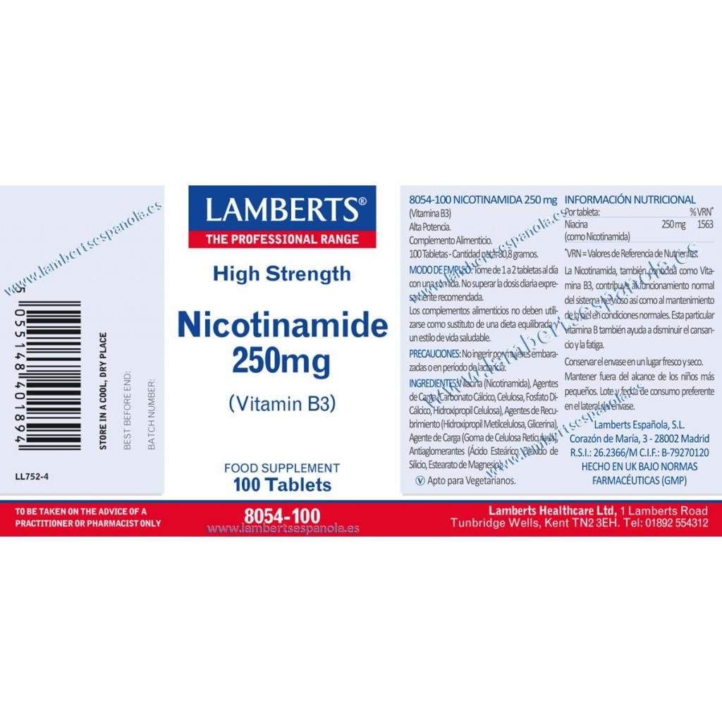 Nicotinamida 100 tabletas de 250mg Lamberts