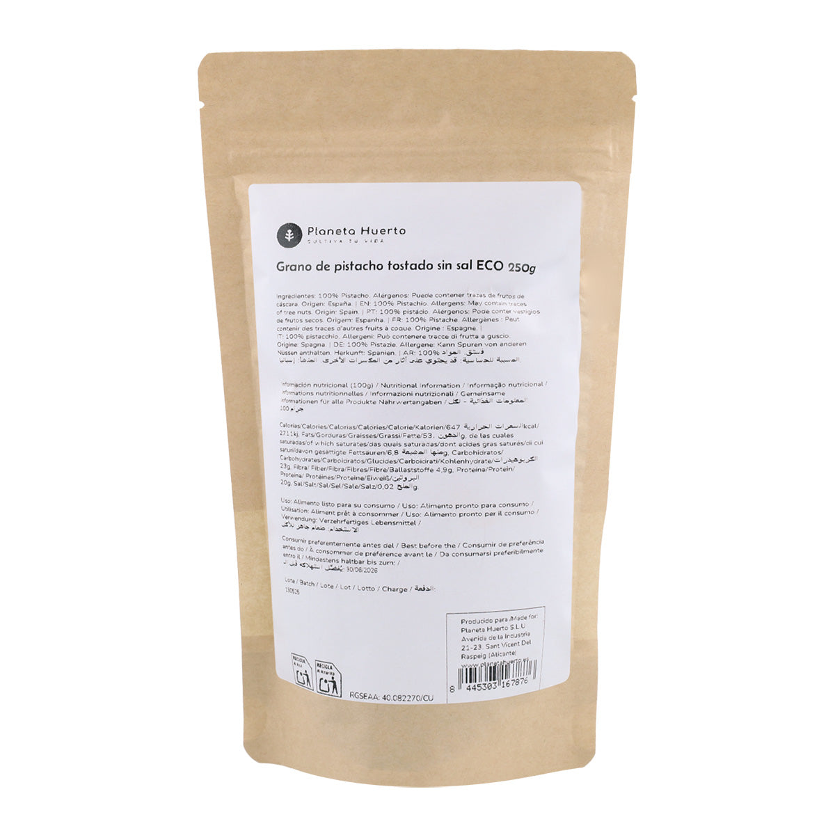 Grano de pistacho tostado, sin sal Eco Planeta Huerto 250 g