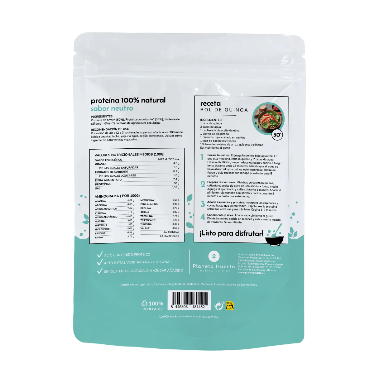 Proteína vegetal ECO neutra 80% Planeta Huerto 500 g