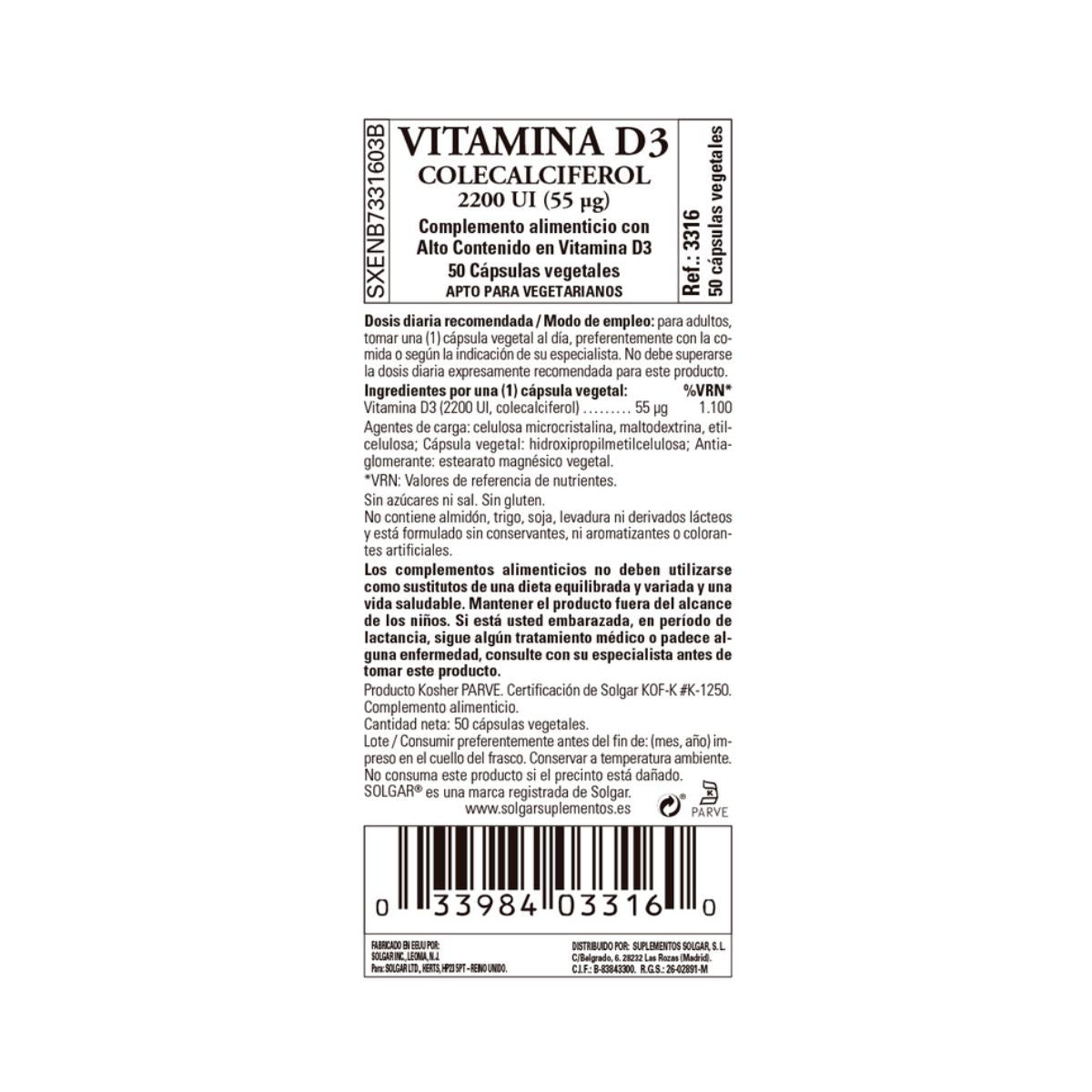 Pack 2x Vitamina D3 2200 UI, Solgar, 50 cápsulas vegetales