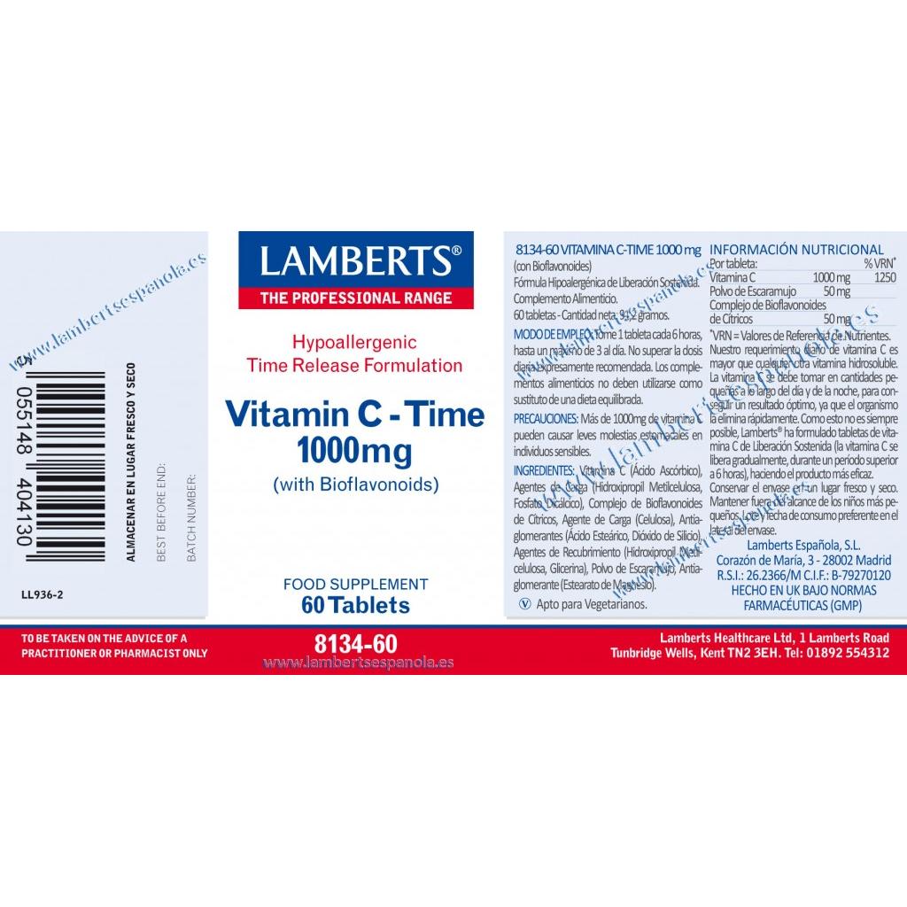 Vitamina C 1000 mg de liberación sostenida con Bioflavonoides y Escaramujo Lamberts, 60 tabletas