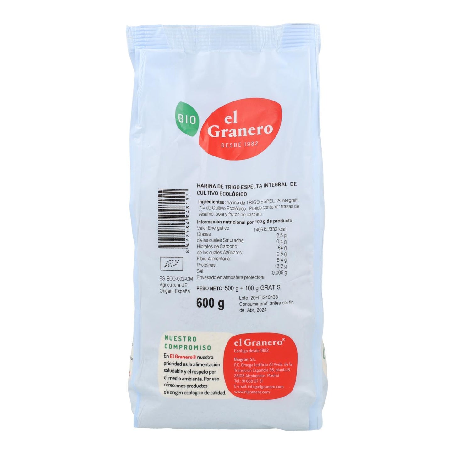 Harina de Trigo Espelta Integral El Granero 500g