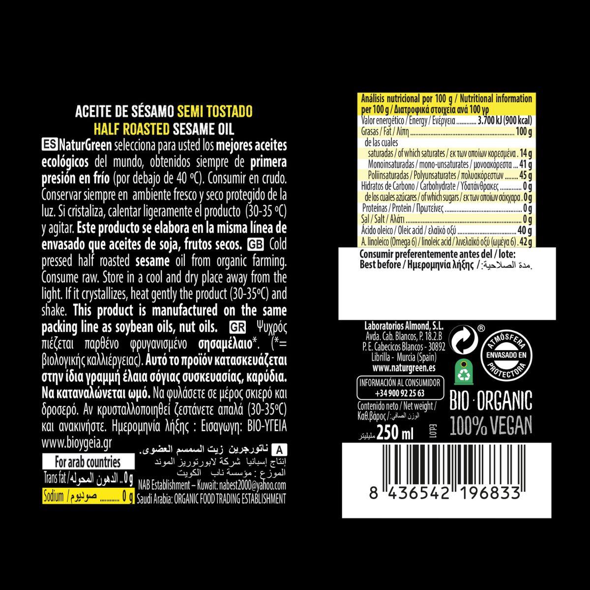 Aceite Sésamo SemiTostado Bio NaturGreen 250 ml.