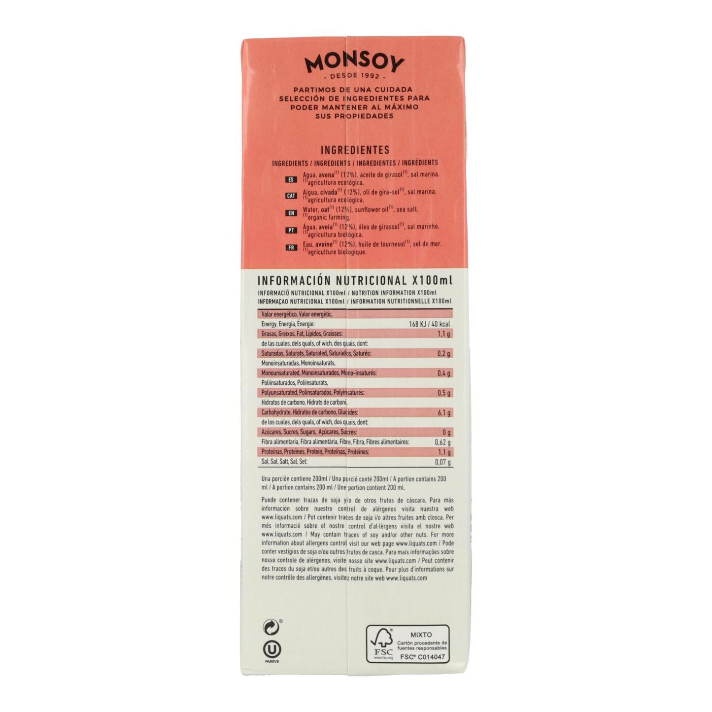 Pack 6 uds Bebida BIO de Avena 0% azúcares Monsoy 1 L
