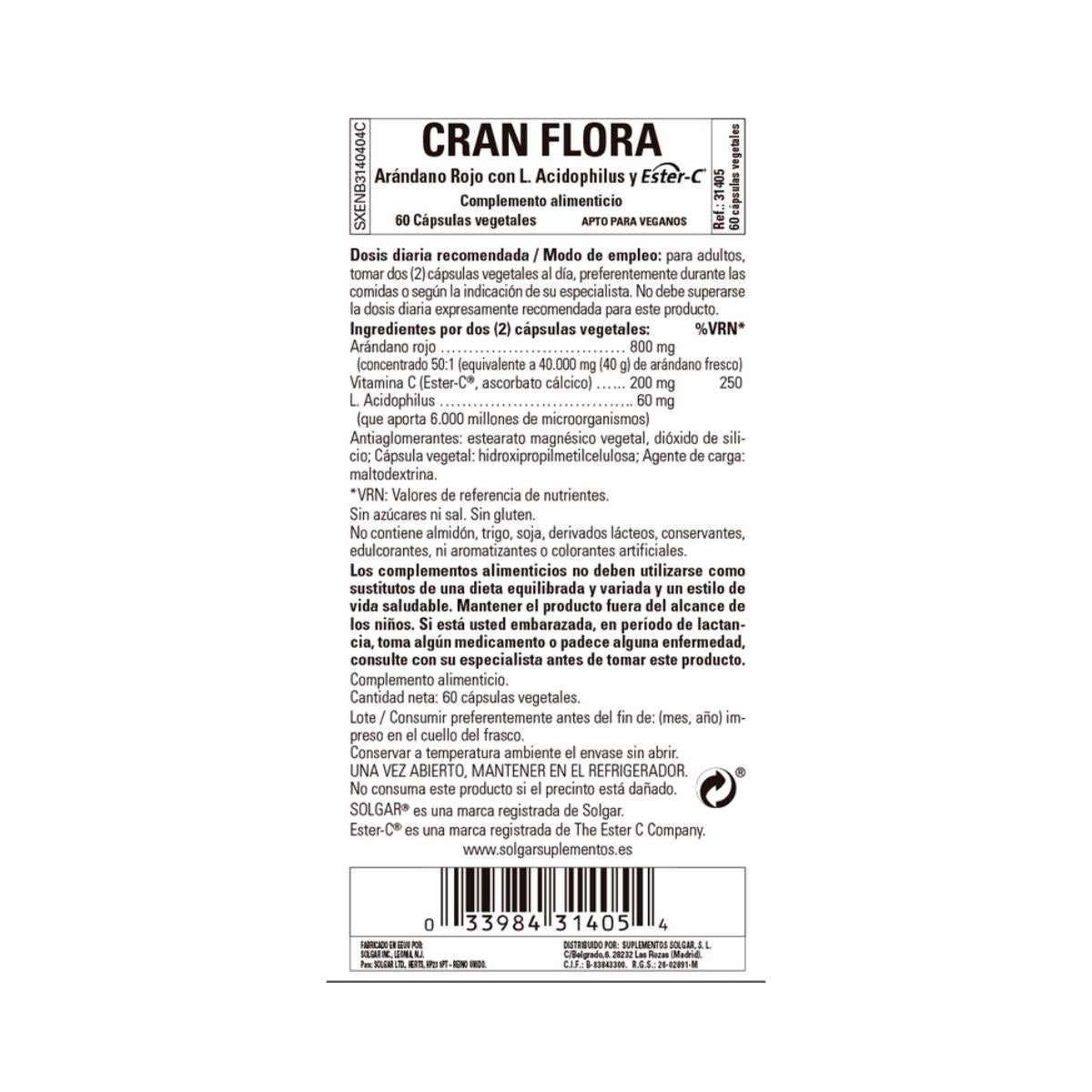 Cran flora (arándano rojo con probióticos y ester-C), 60 cápsulas