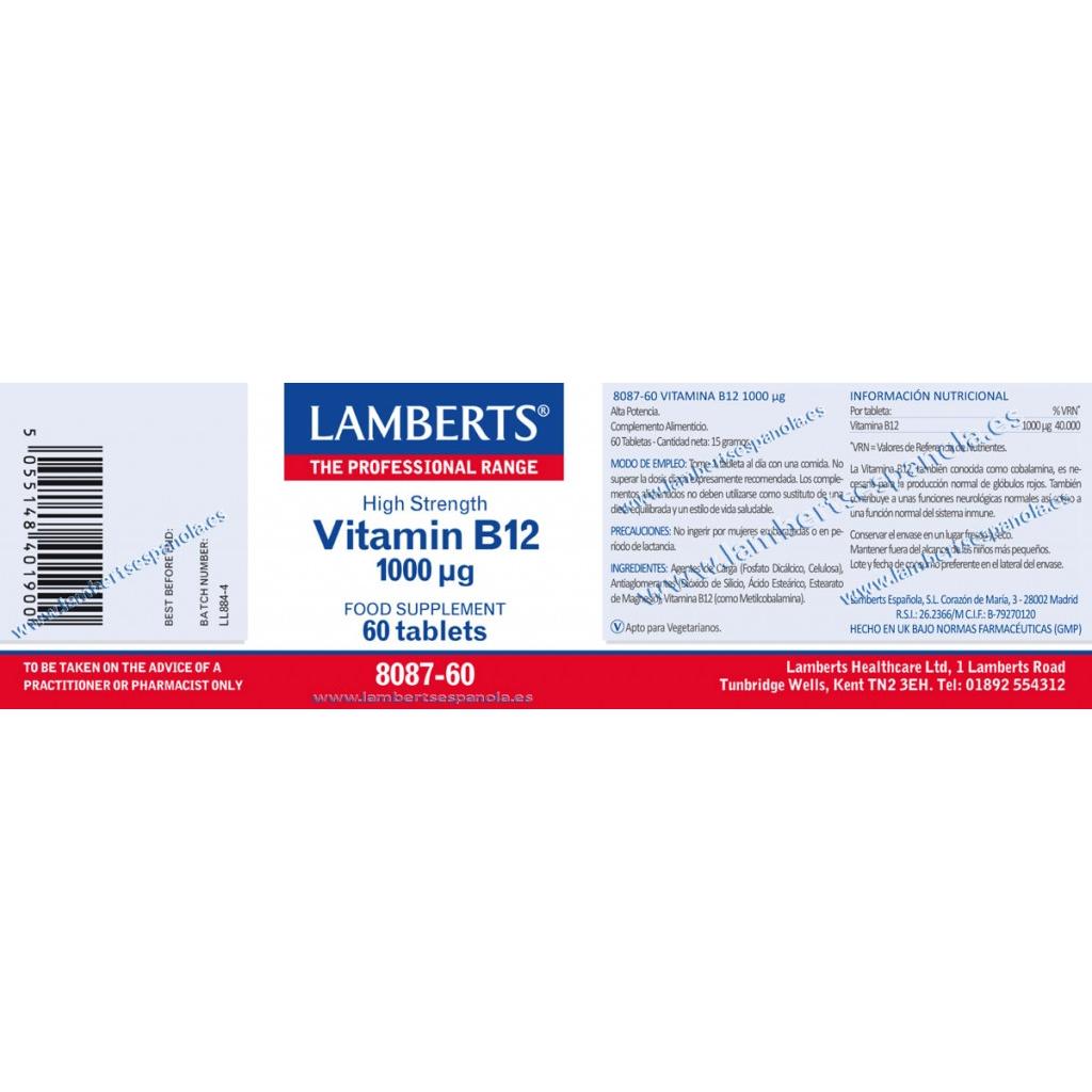 Vitamina B12 60 tabletas de 1000mg, Lamberts