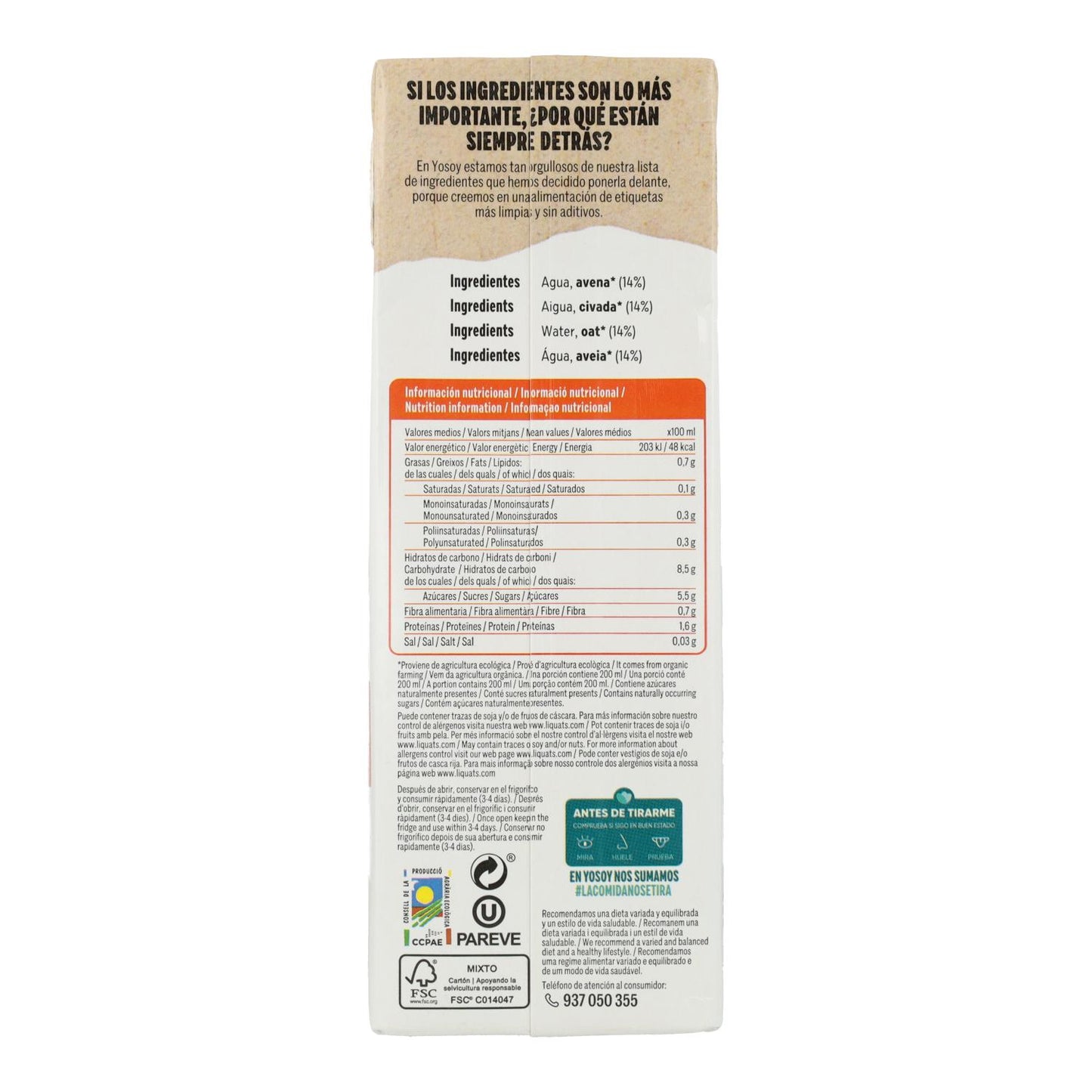Pack 6 x Bebida de Avena Sin Gluten ECO Yosoy 1 L