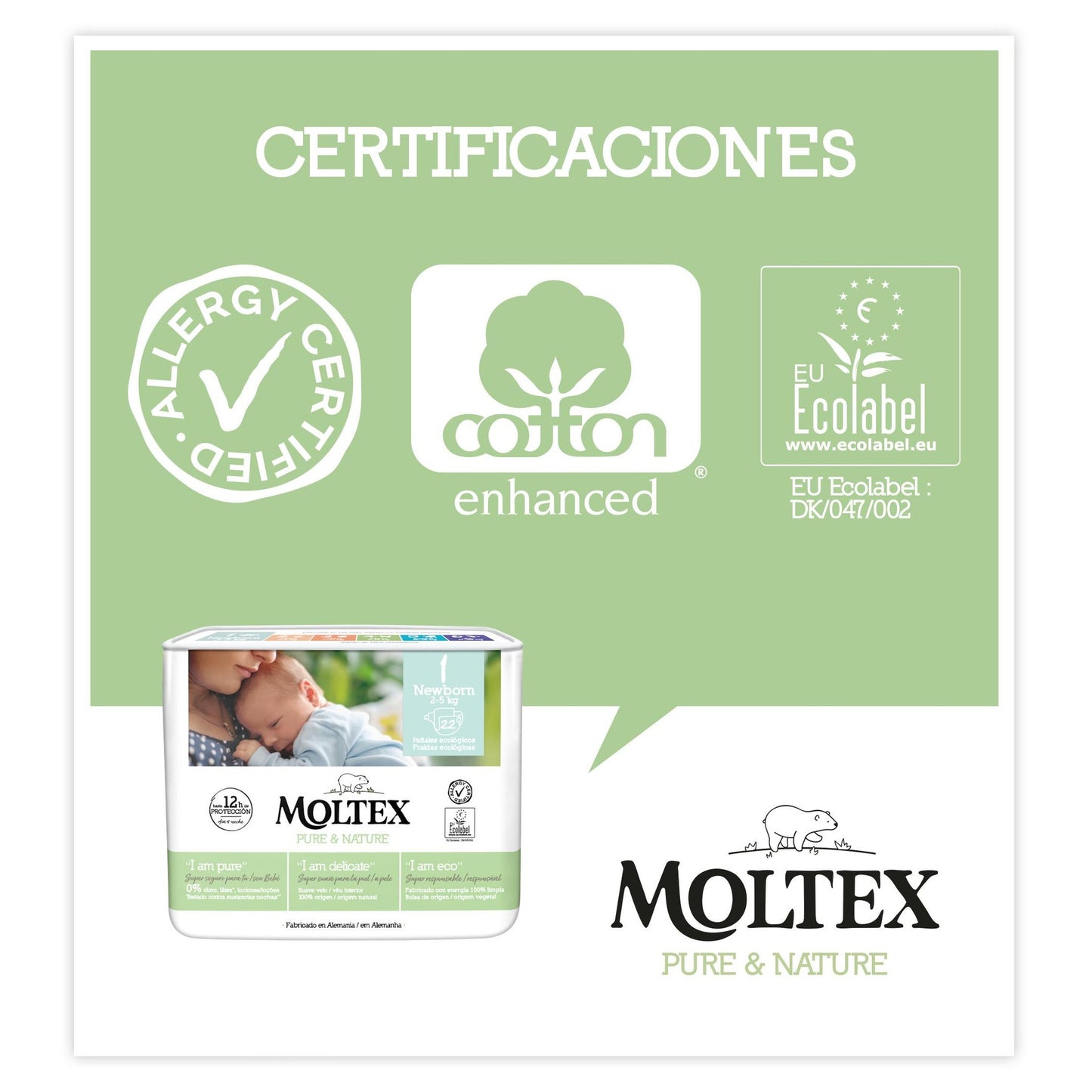 Pack ahorro Pañales T1 (2-5kg) Moltex Pure & Nature, 88 Uds