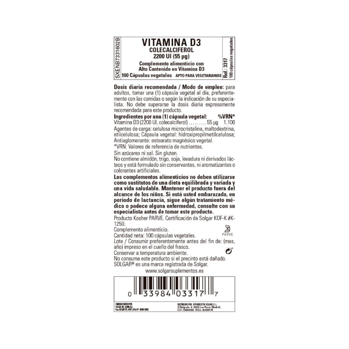 Pack 2x Vitamina D3 2200 UI, Solgar, 50 cápsulas vegetales