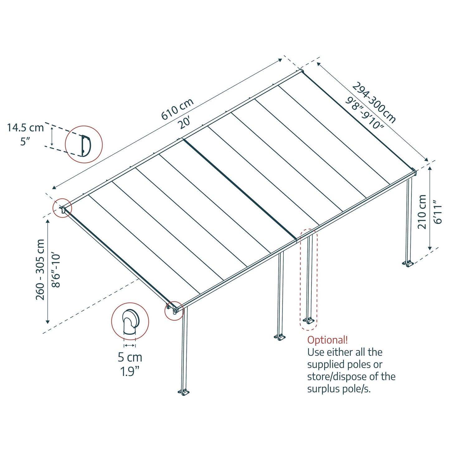 Pérgola adosada Feria 300x61 cm gris