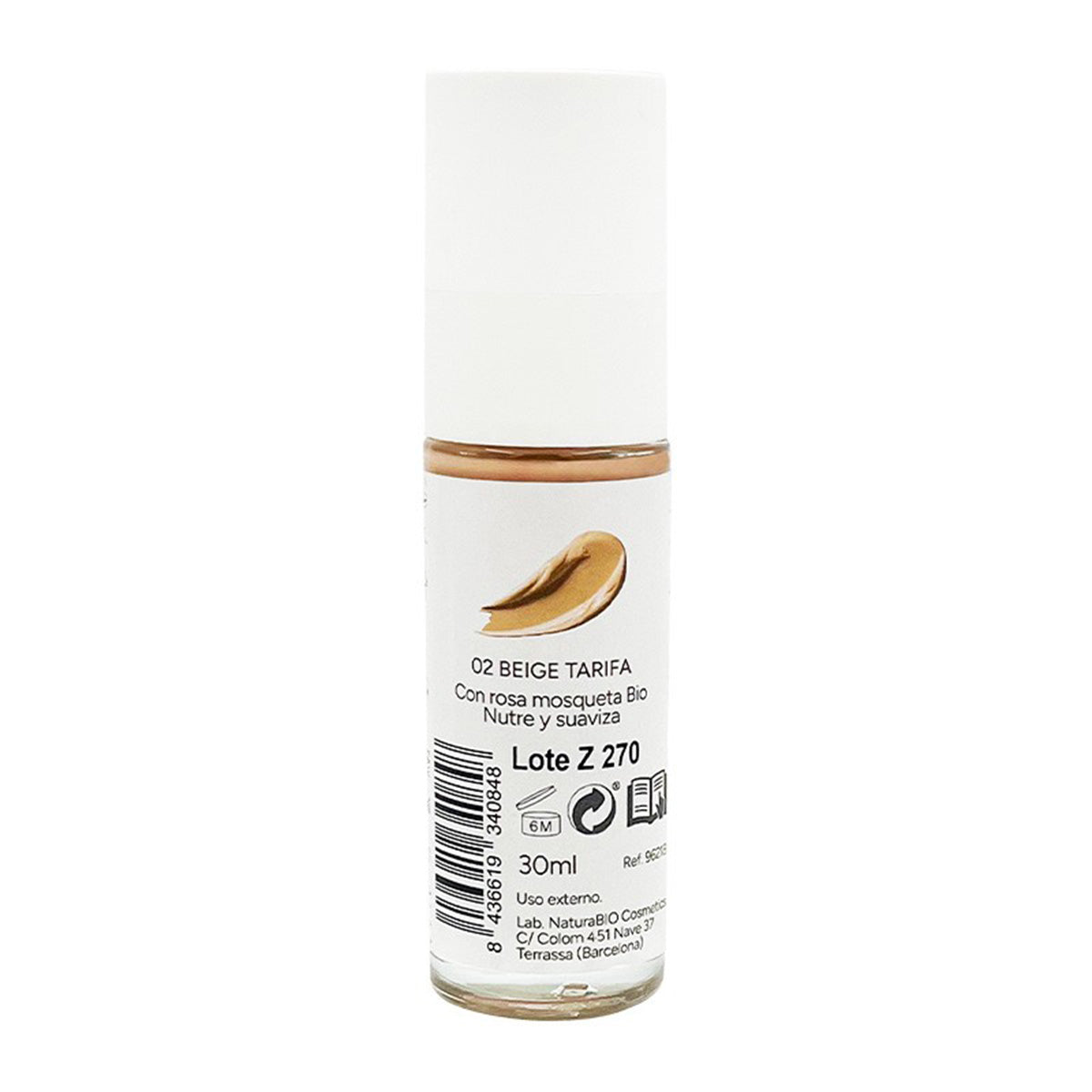 Maquillaje Fluido 02 Beige Tarifa, Acabado Impecable, Con Rosa Mosqueta y Manteca de Karité, NaturaBio Cosmetics, 30ml