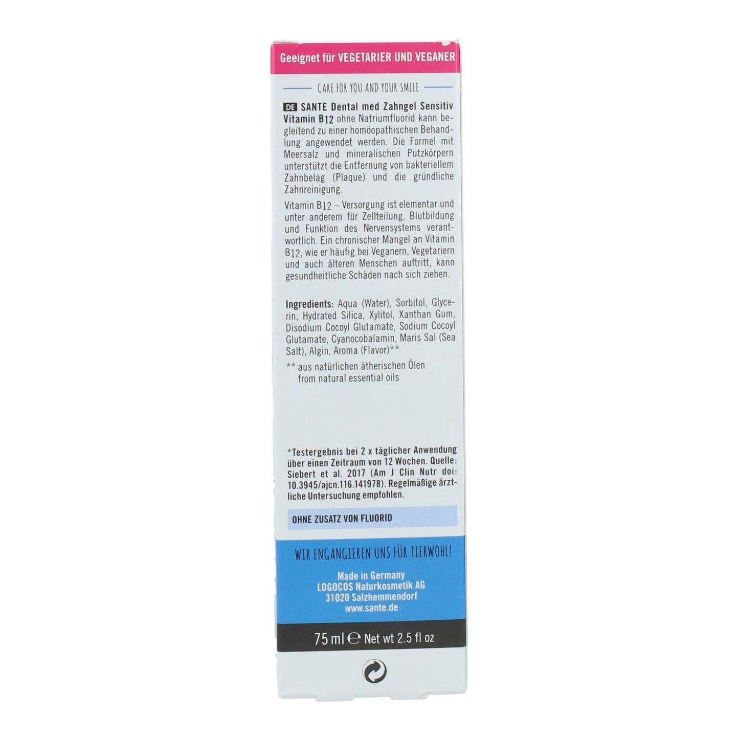 Dentífrico Vitamina B12 sin flúor Sante, 75 ml