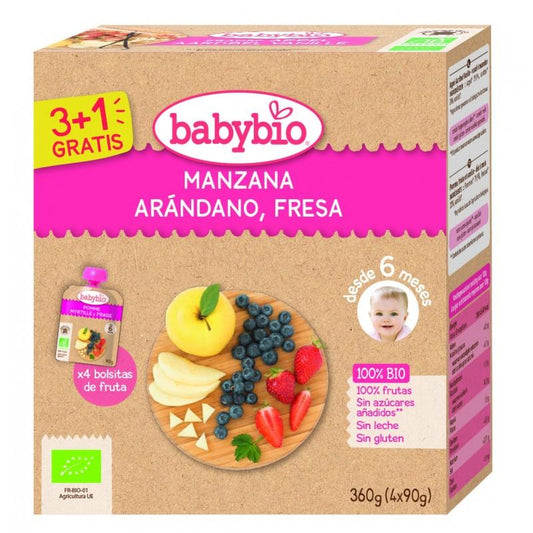 Pouch Manzana, Fresa y Arándanos, 4x90 g. Babybio