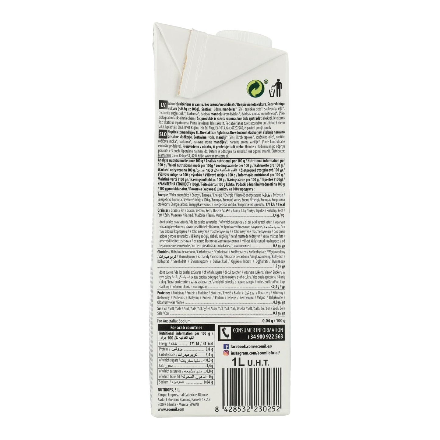 Bebida vegetal Almendra y Vainilla bio Nature EcoMil 1 L