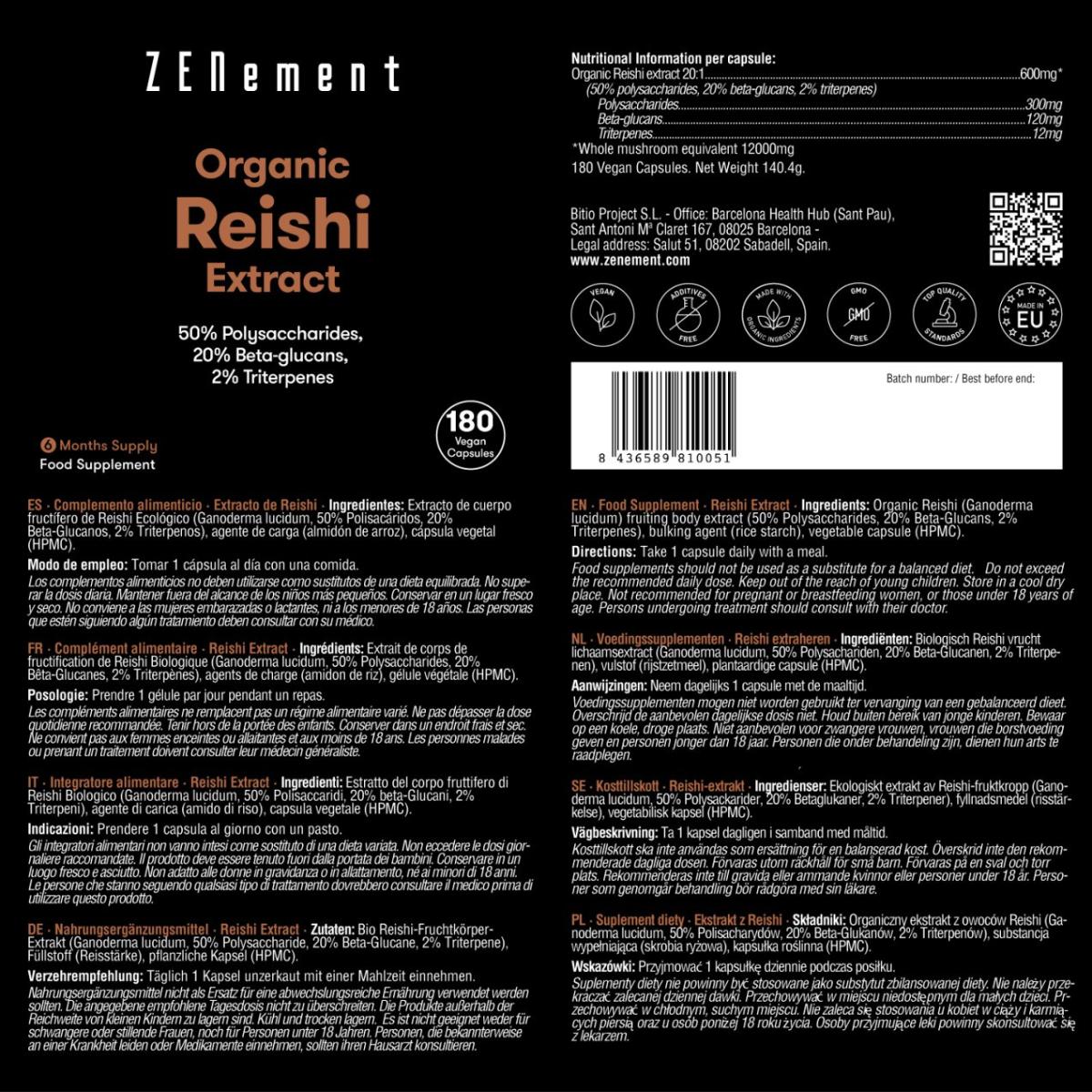 Extracto de Reishi ecológico 12000 mg Zenement, 180 comprimidos