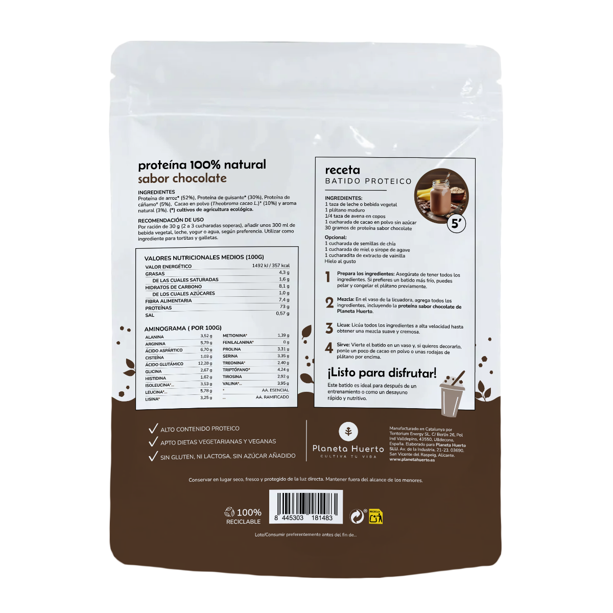Proteína vegetal ECO 73% chocolate Planeta Huerto 1Kg