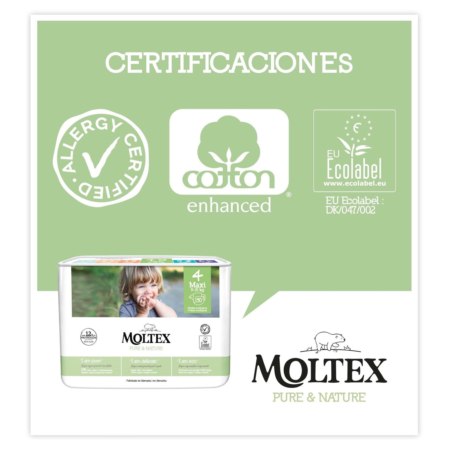 Pañales Moltex Pure & Nature T4 (9-15 kg), 50 Uds