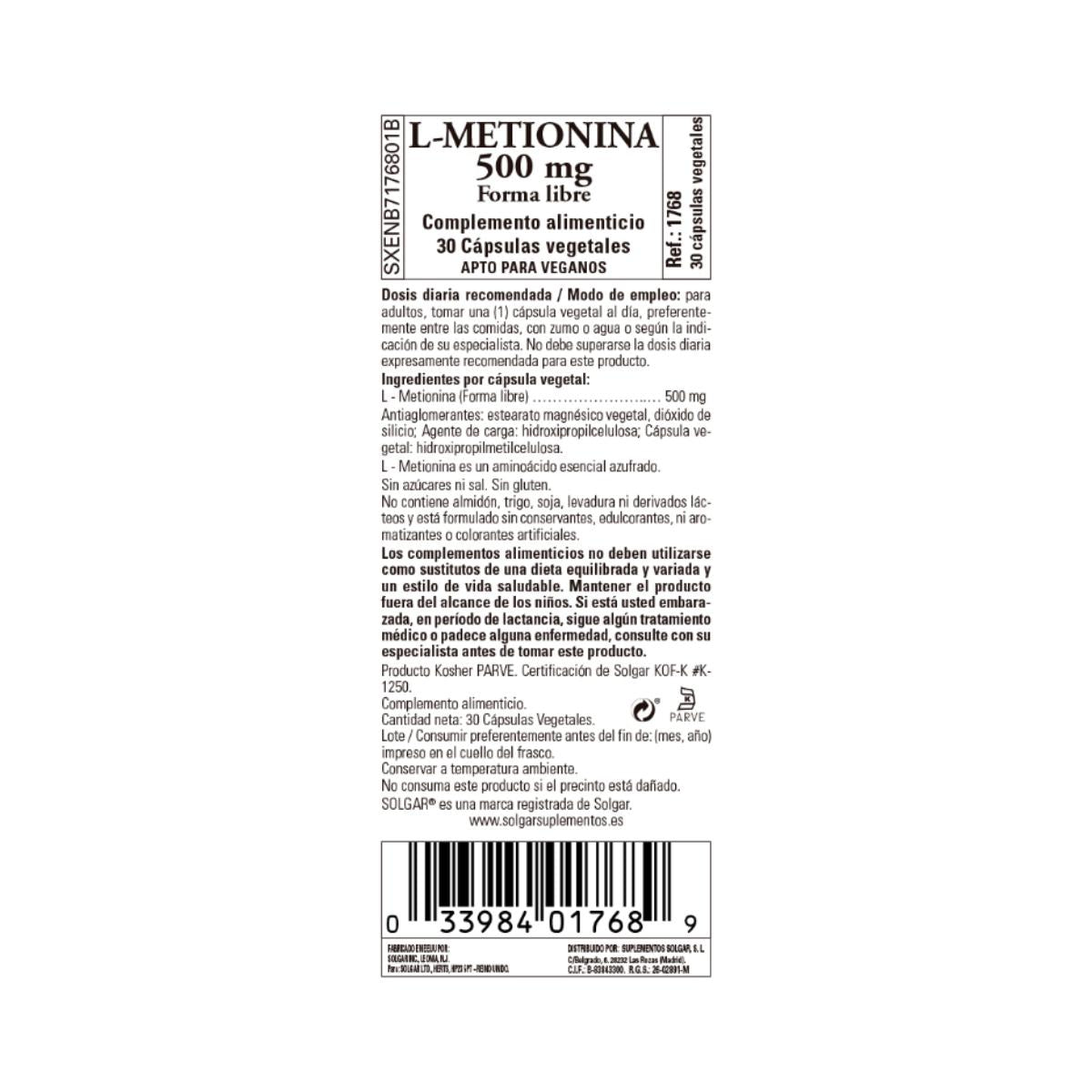 L-Metionina, 30 cápsulas de 500mg