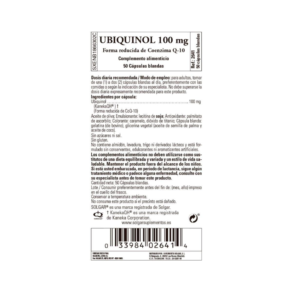 Ubiquinol 100 mg 50 cápsulas blandas Solgar