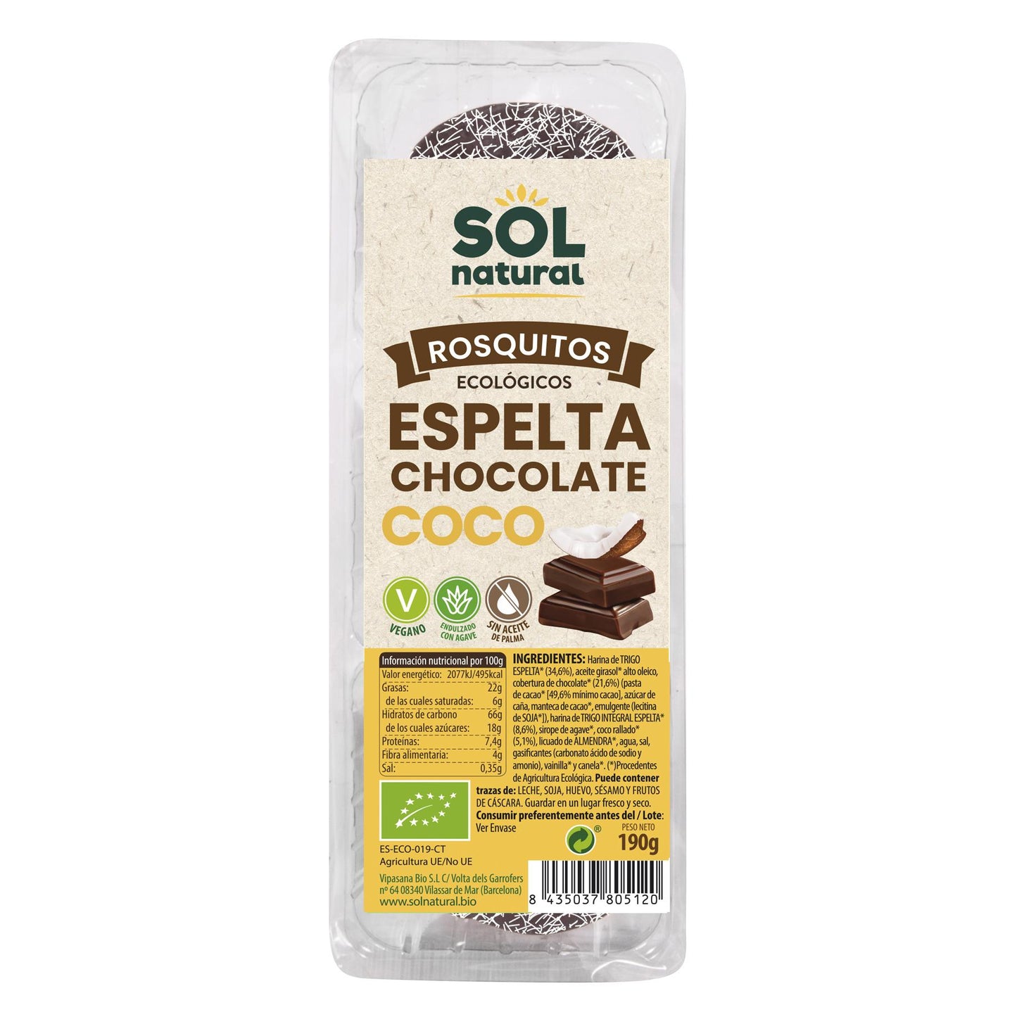Galletas Rosquitos de Espelta Chocolate y Coco Bio Sol Natural 190 g
