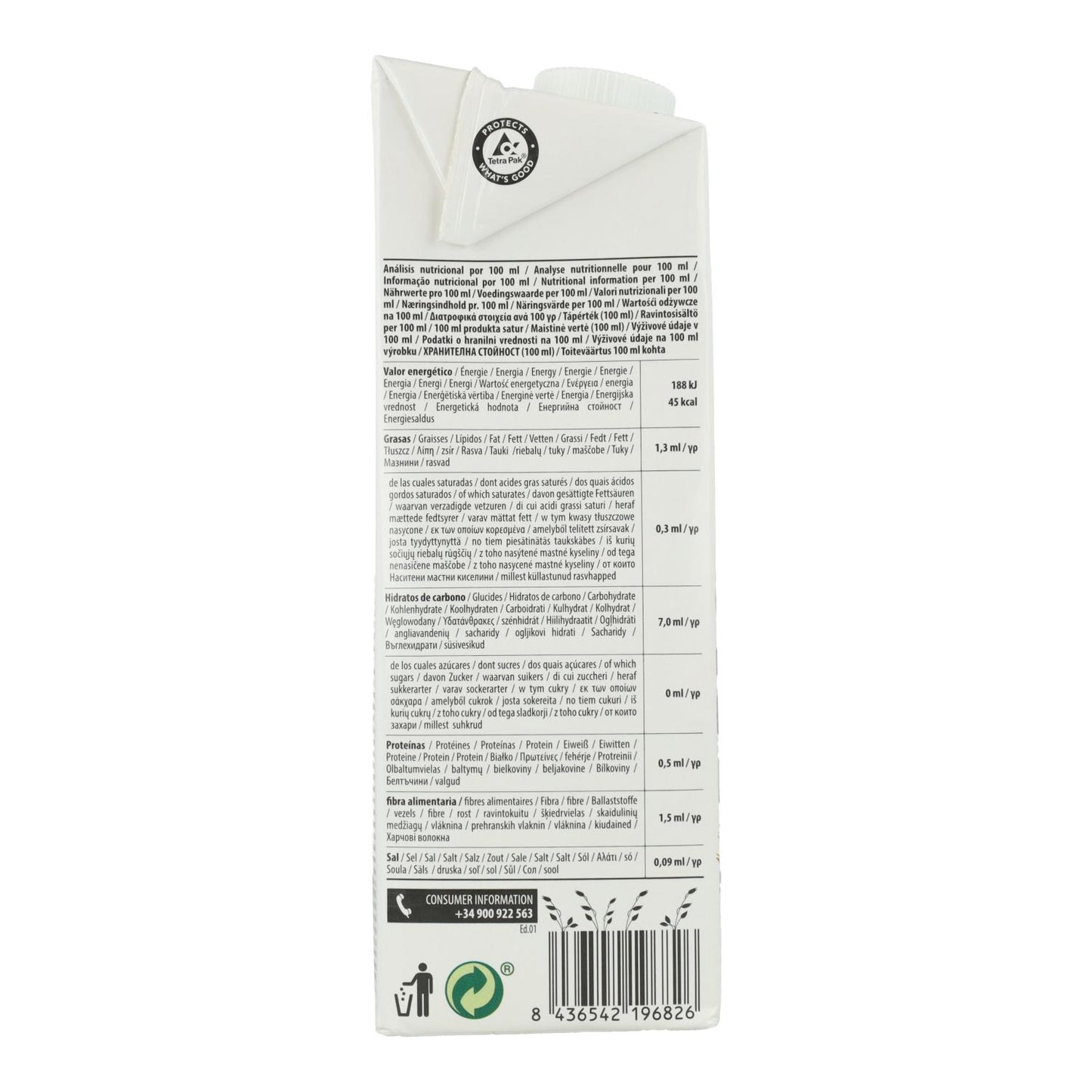 Pack 6 uds Bebida de Avena Integral 0% Azúcares Bio NaturGreen 1 L
