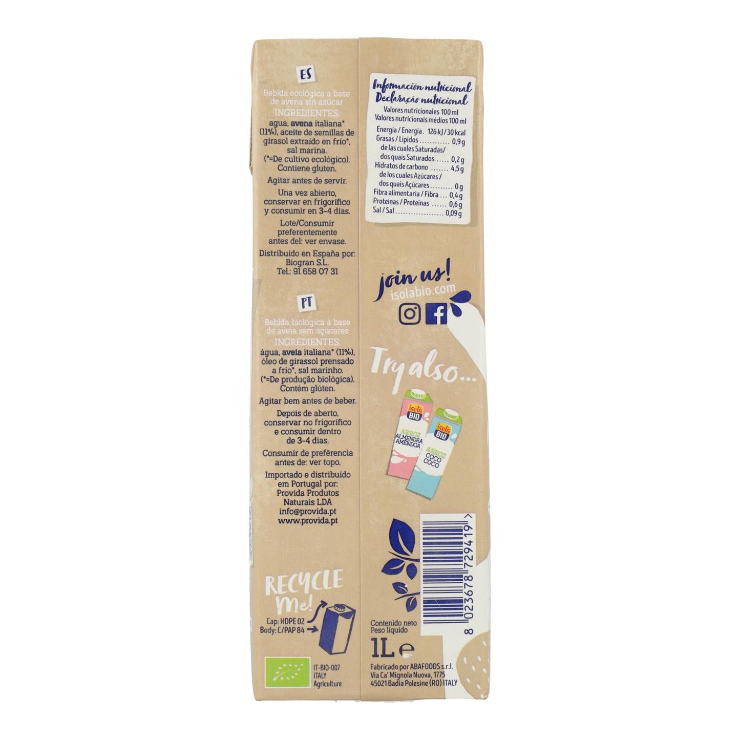 Bebida de Avena 0% azúcares BIO, 1L. Isola Bio