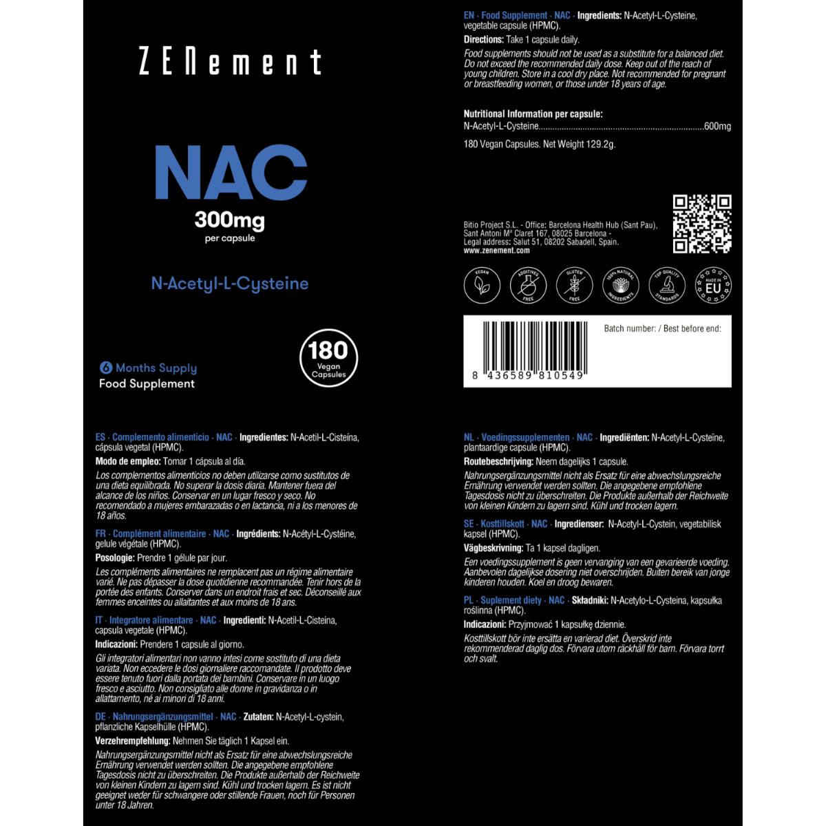 NAC N-Acetil-Cisteína, 600 mg Zenement, 180 comprimidos veganos