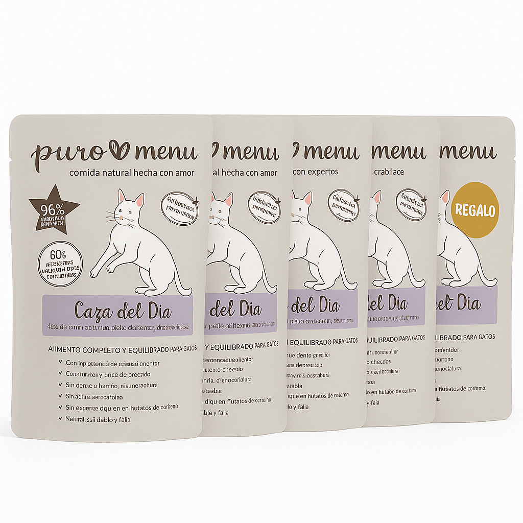Pack ahorro 5X4 : Comida húmeda Barf gatos Caza del día (Conejo) 5x100g