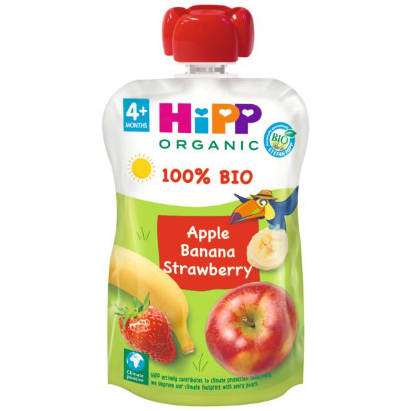 Pack 6 Pouches Bolsitas Biológicas Manzana, Plátano y Fresa HiPP 100 g