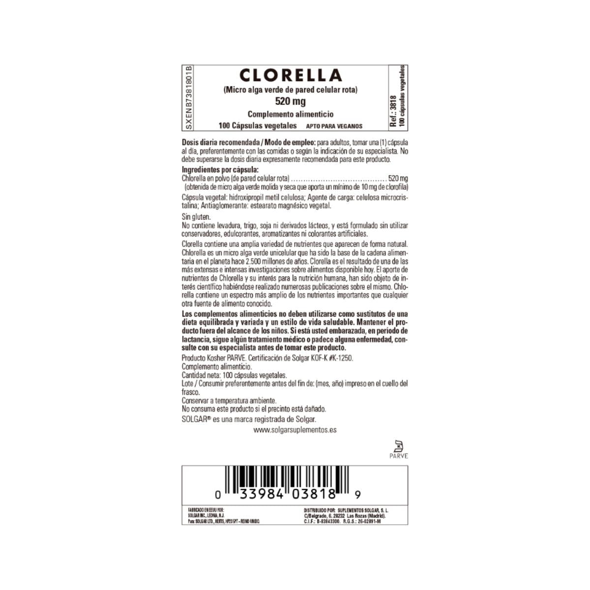 Chlorella (De Pared Celular Rota), 100 cápsulas de 520mg