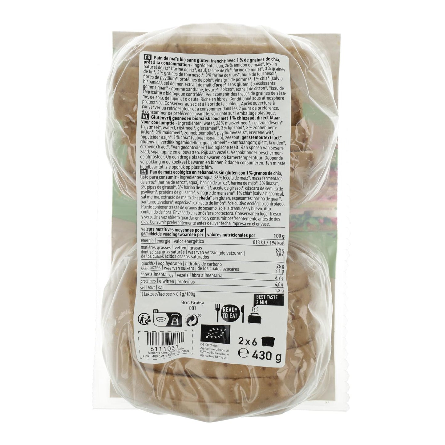 Pan de molde Rebanadas de Maíz con Semillas  Sin gluten Bio Schnitzer 430 g