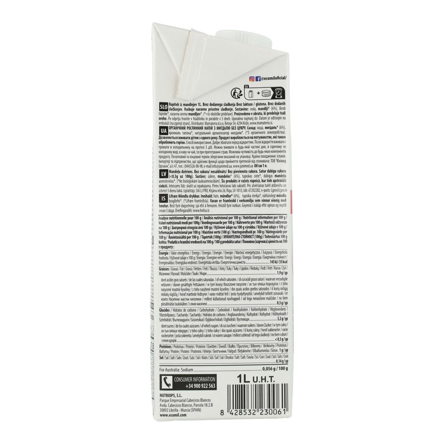 Bebida Vegetal de Almendra Natural sin azúcar BIO Ecomil 1 L