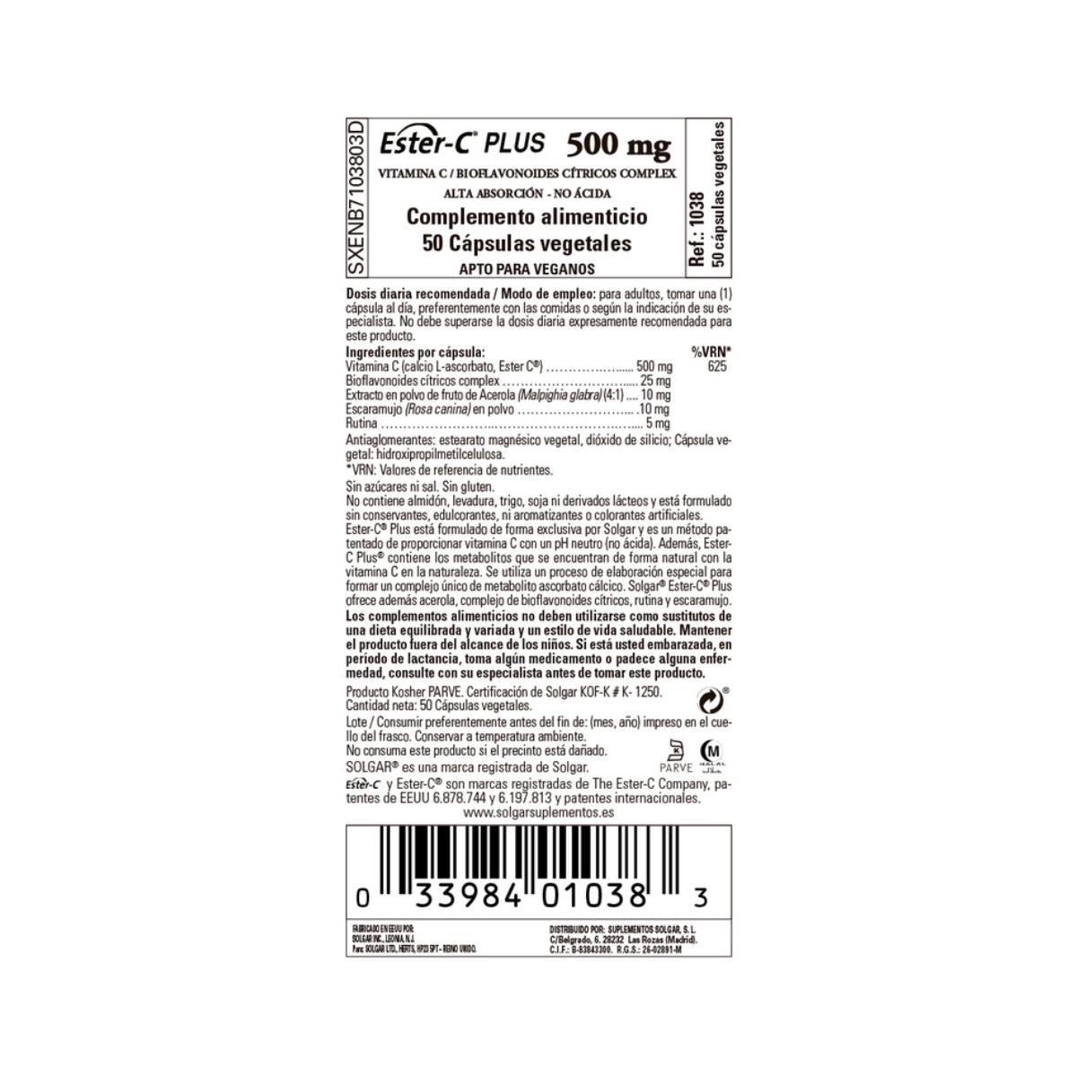Ester C plus Vitamina C, 50 cápsulas vegetales de 500mg