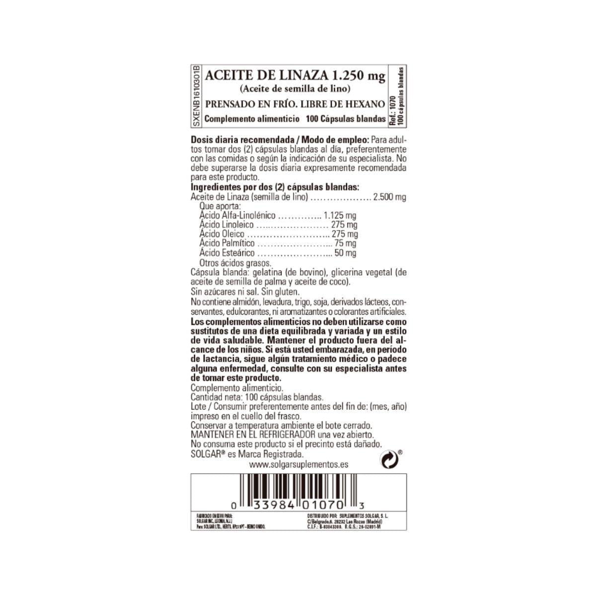 Aceite de Linaza Solgar 100 perlas 1250mg