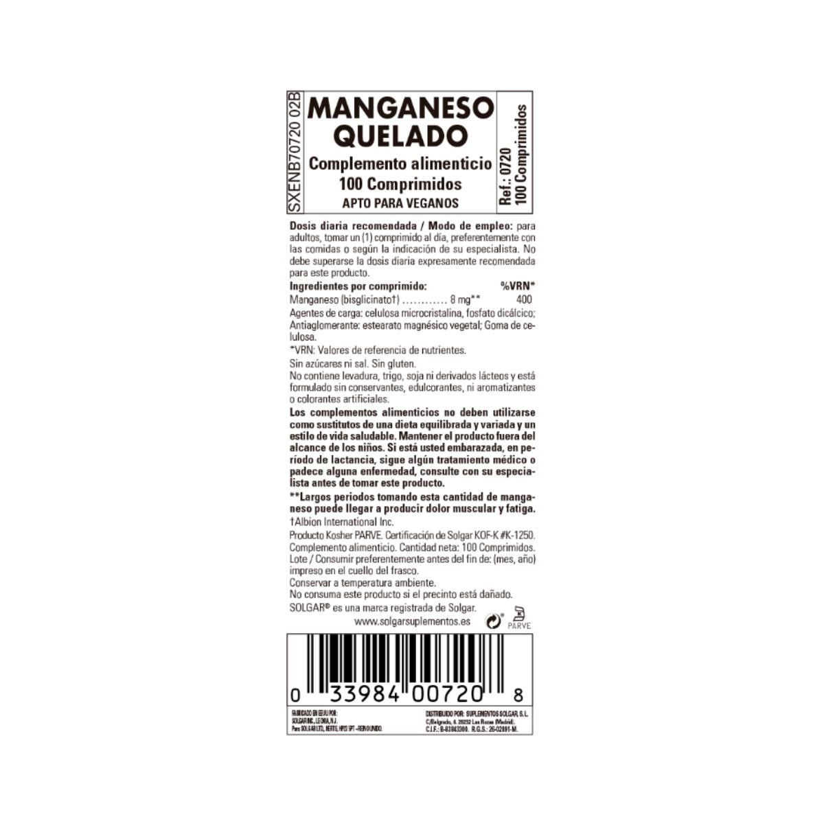 Manganeso Quelado 100 comprimidos Solgar