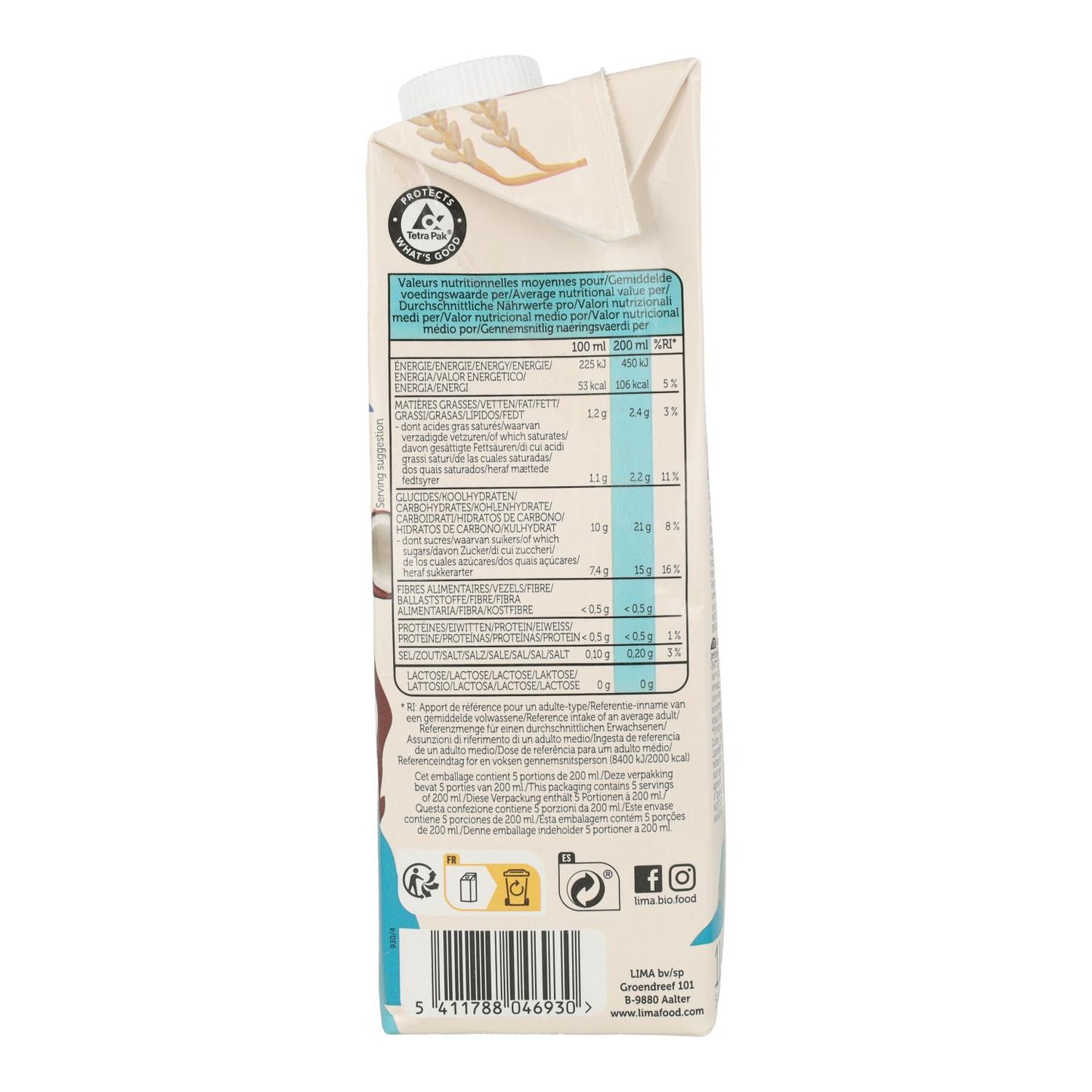 Bebida Vegetal de Arroz y Coco Bio sin gluten ECO Lima 1L