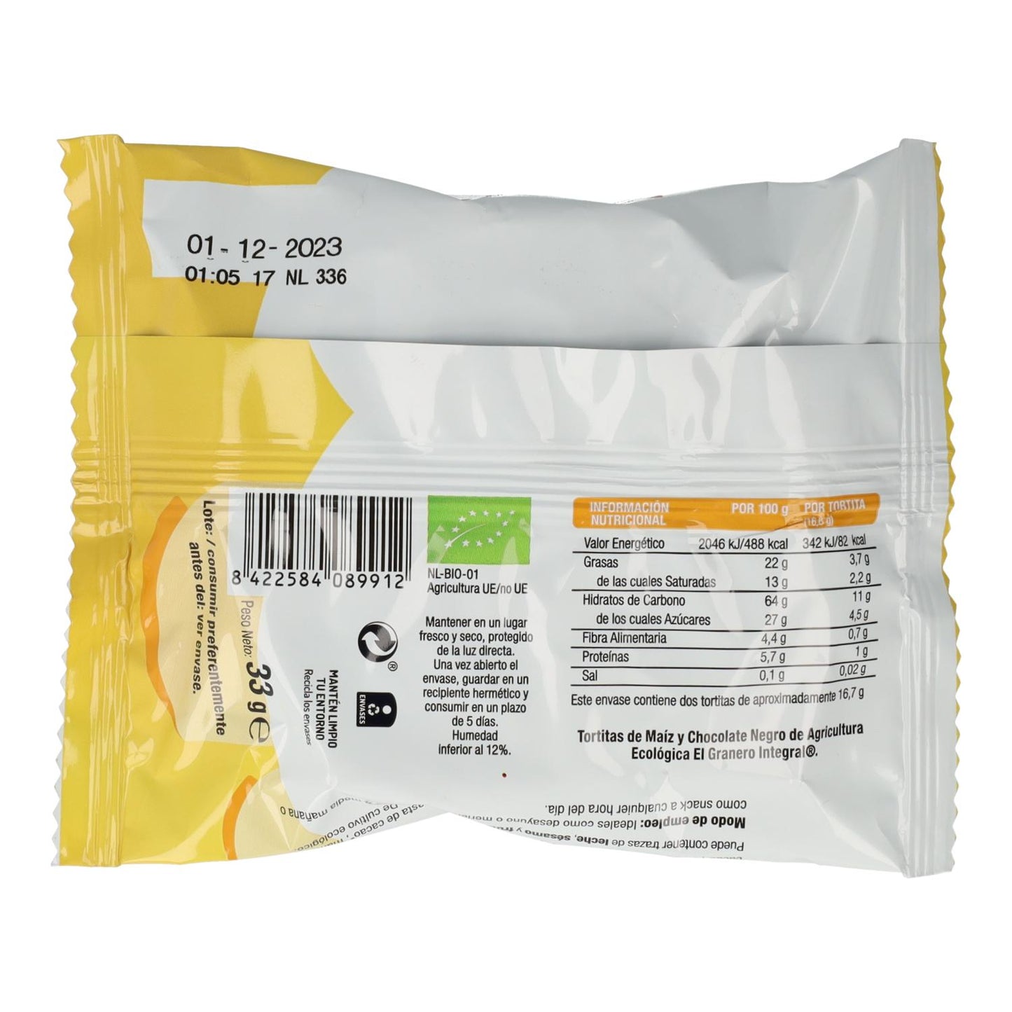 Tortitas de Maíz con Chocolate Negro Bio Sin Gluten El Granero, 33 g