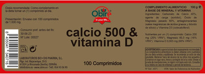 Calcio 500 y  vitamina D 100mg Obire 100 comprimidos