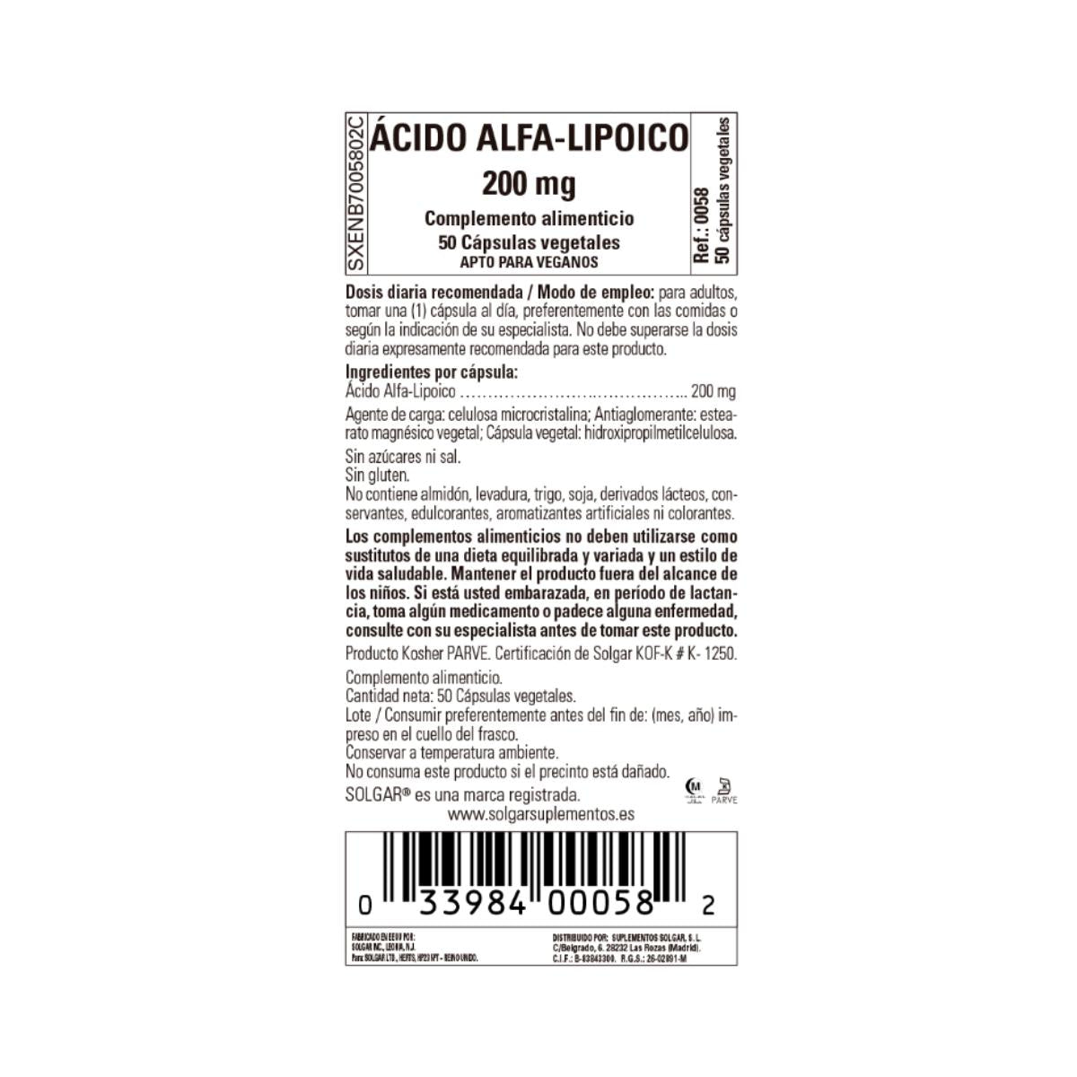 Ácido Alfa Lipoico, 50 cápsulas vegetales de 200mg