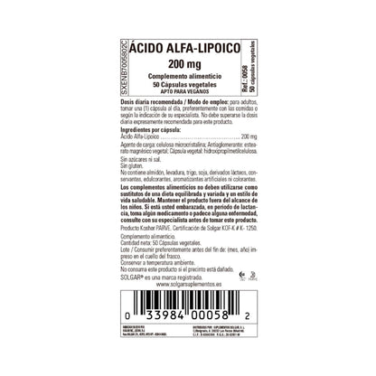 Ácido Alfa Lipoico, 50 cápsulas vegetales de 200mg
