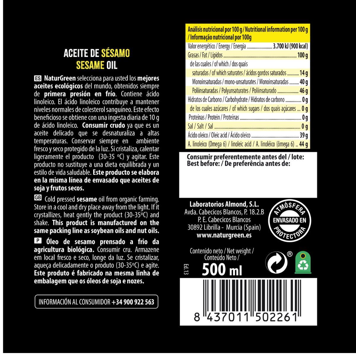 Aceite de Sésamo BIO  NaturGreen.