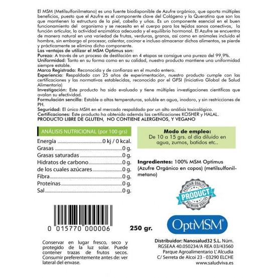 MSM Optimus 250 g, Salud Viva