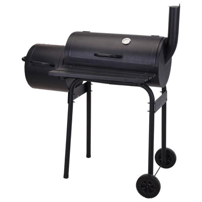 Barbacoa de Carbón Negra + Ahumador Jamaica para asar y ahumar con termómetro en acero, doble parrilla, ruedas y chimenea integrada