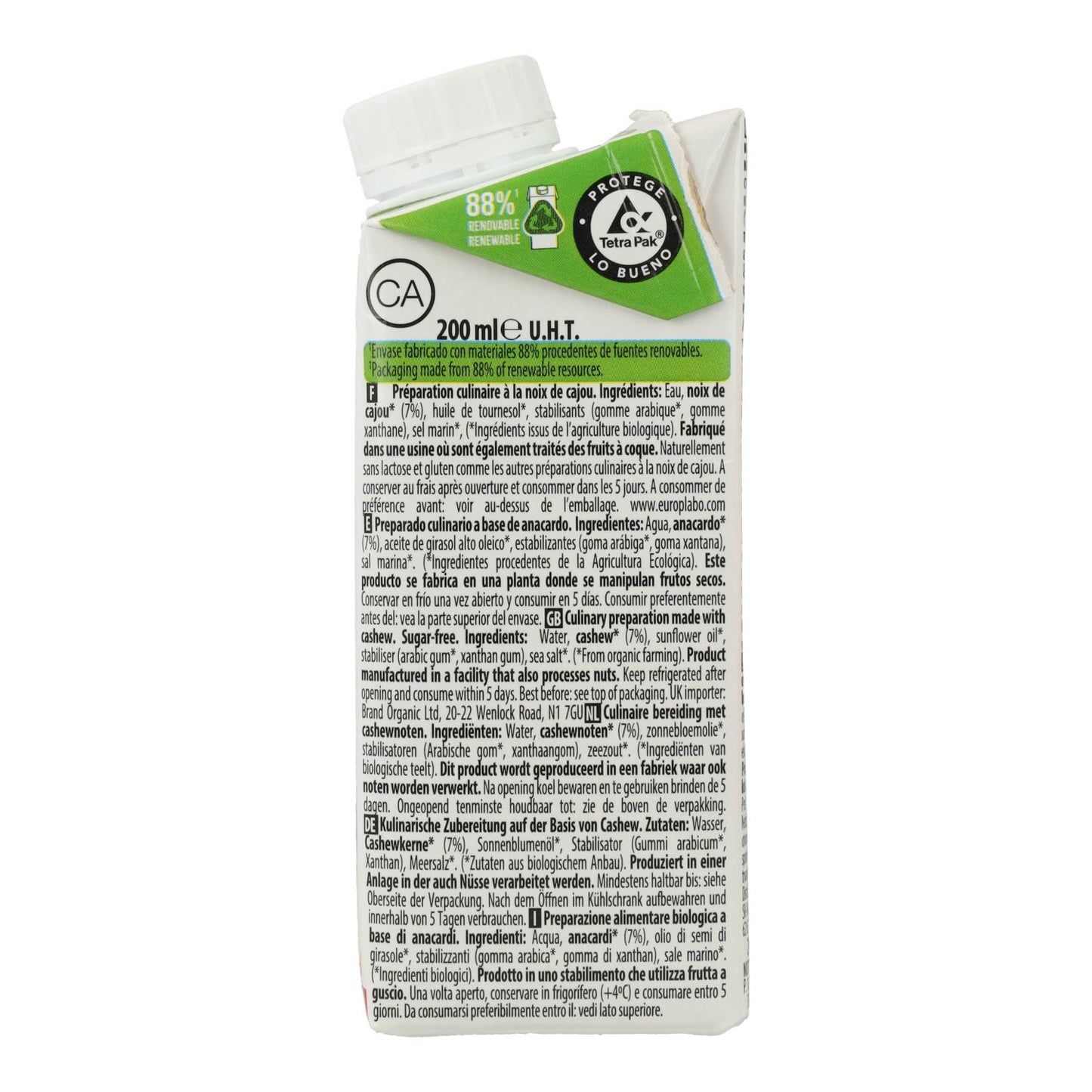 Crema Vegetal de Anacardo sin azúcar Bio Cuisine Ecomil 200 ml