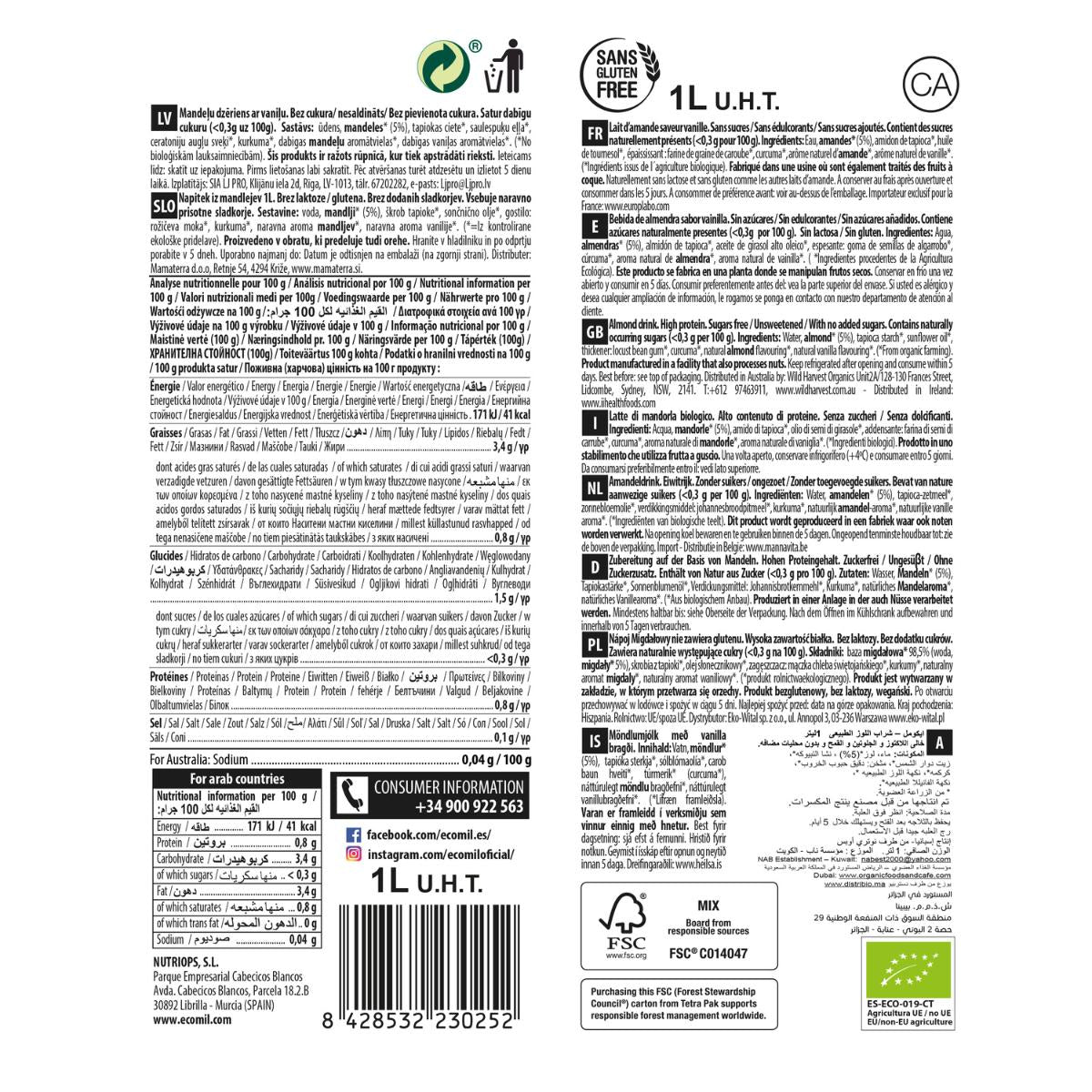 Bebida vegetal Almendra y Vainilla bio Nature EcoMil 1 L