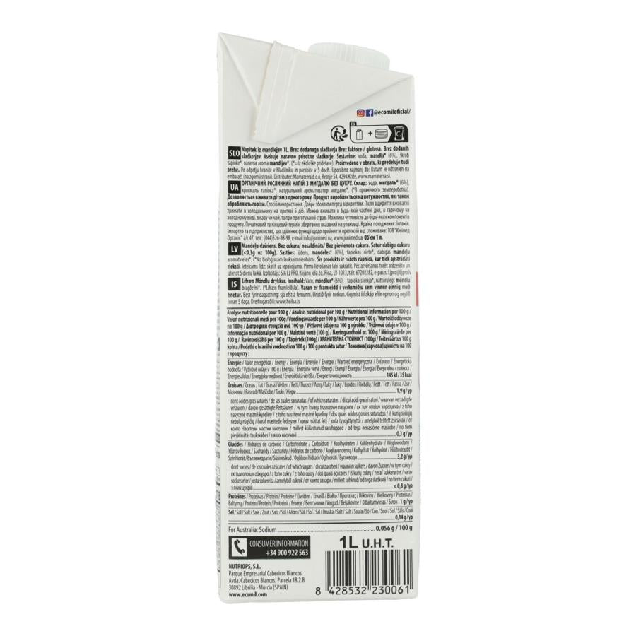 Pack 6 L Bebida vegetal de Almendra sin azúcar BIO Ecomil
